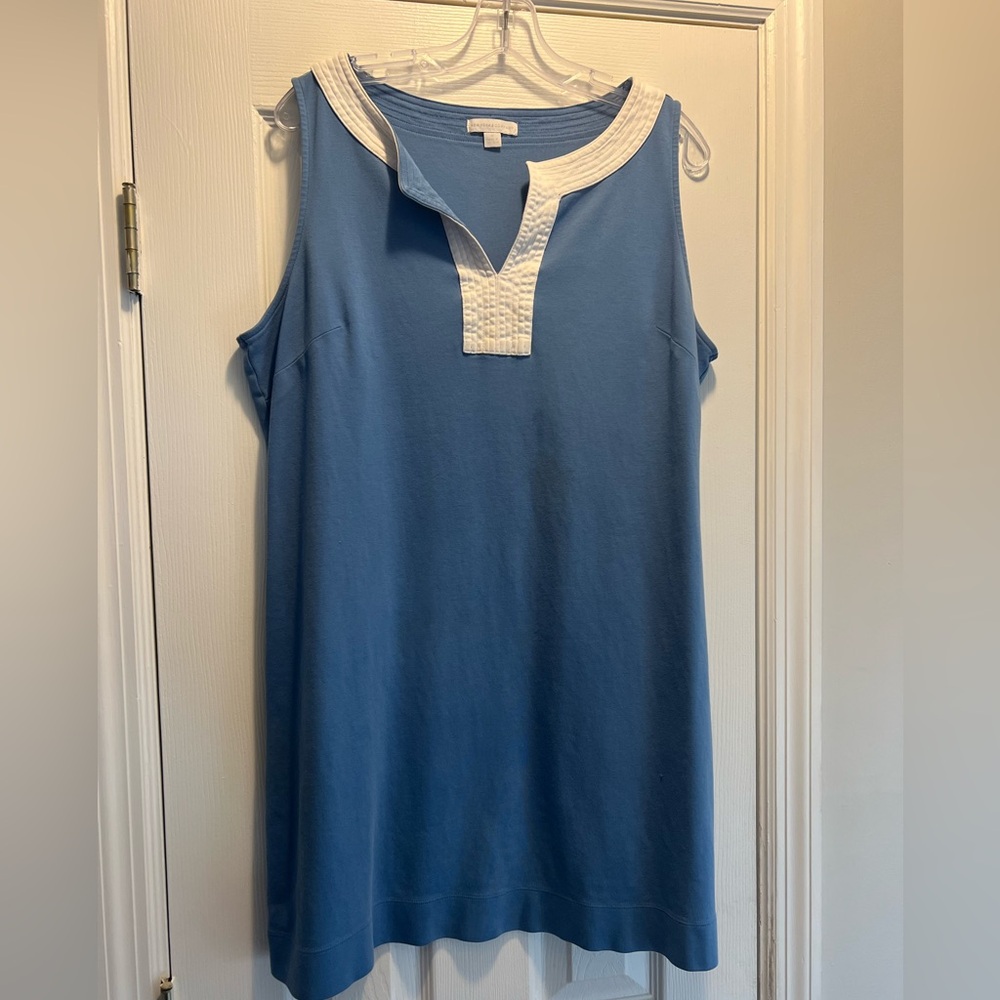 New York & Company Blue Cotton Knee Length Dress with White Detail